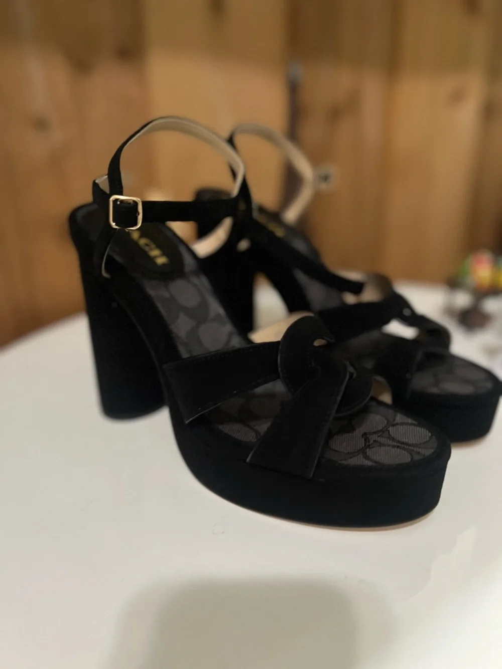 Coach Black Suede Platform Heels with Ankle Strap - Picture 3 of 9